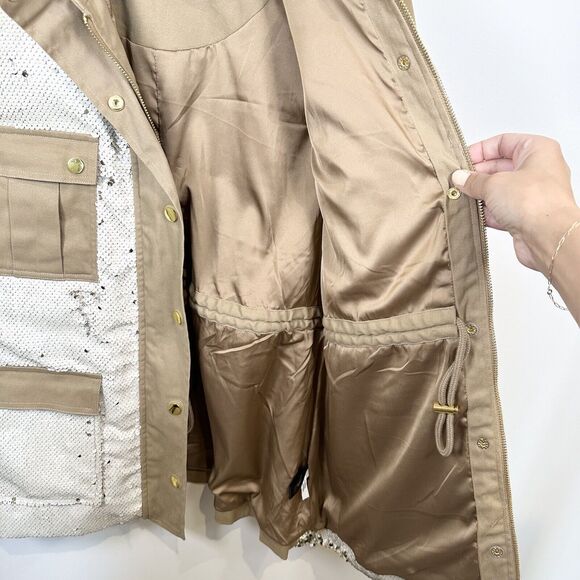Boston Proper Jacket Women’s Large Beige Sequin Embellished Puff Sleeve Utility - Picture 13 of 16